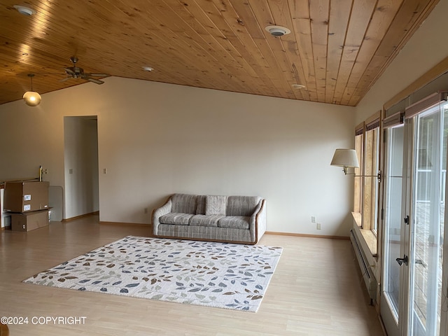 living room with light wood-type flooring, wooden ceiling, and vaulted ceiling