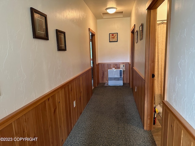 344 Eagle Bluff Dr, Haines, AK 99827 - corridor with carpet floors, wood walls, and wainscoting