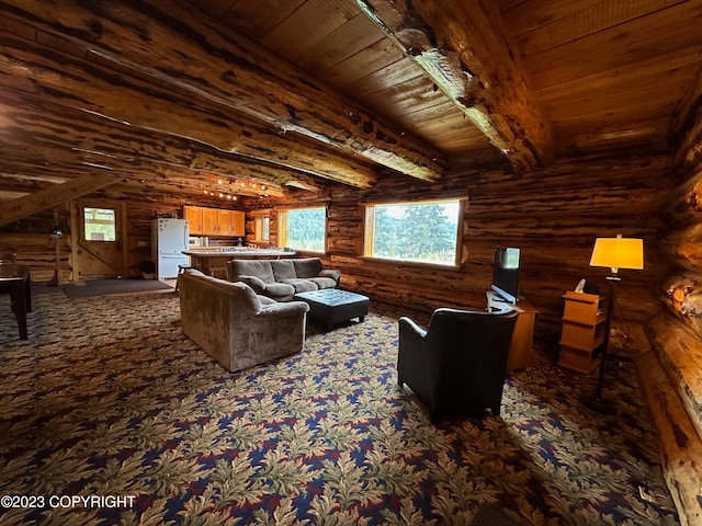 344 Eagle Bluff Dr, Haines, AK 99827 - living room with wooden ceiling, beam ceiling, dark carpet, and rustic walls