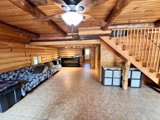 unfurnished living room with beam ceiling, wooden ceiling, rustic walls, and tile patterned floors