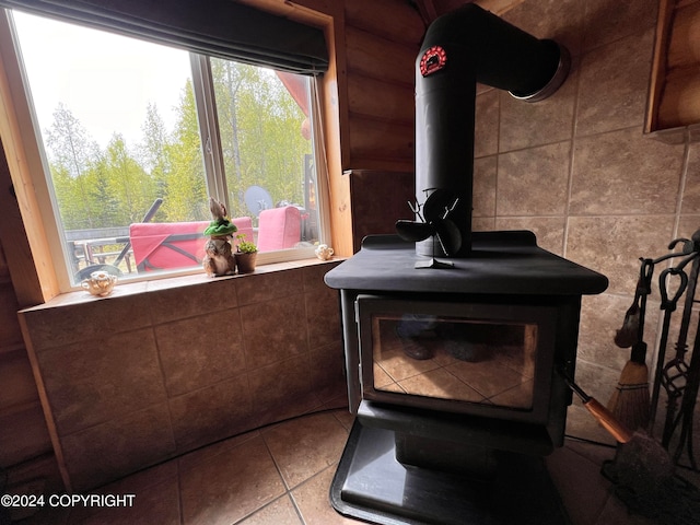 interior details with a wood stove