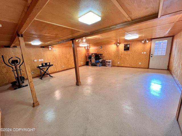 basement with wood walls