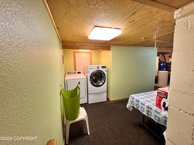 clothes washing area featuring washing machine and dryer and dark carpet