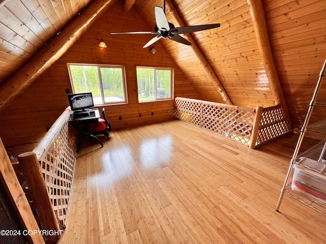 bonus room featuring vaulted ceiling with beams, wood ceiling, light hardwood / wood-style floors, and wood walls