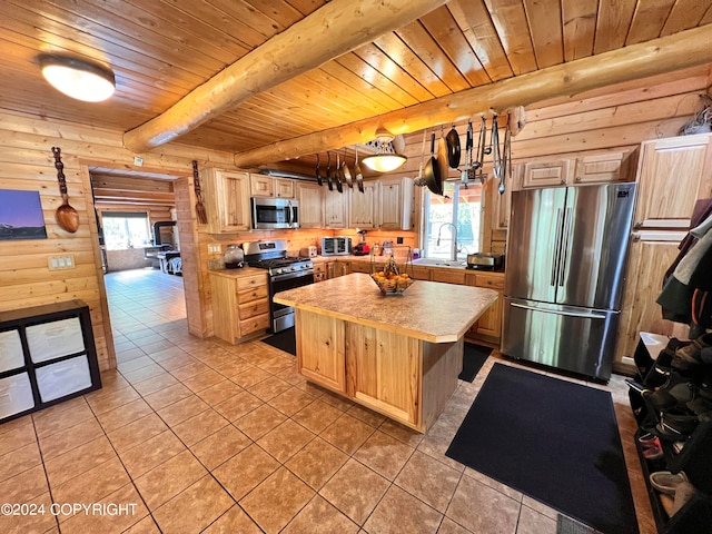 kitchen with wood walls, sink, a center island, stainless steel appliances, and wooden ceiling