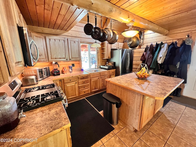 kitchen with light brown cabinetry, sink, wood ceiling, a center island, and appliances with stainless steel finishes