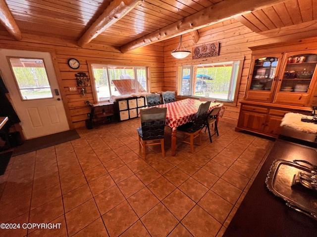 dining room featuring beam ceiling, tile patterned floors, wood ceiling, and wooden walls