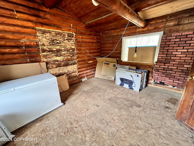 unfurnished living room featuring wood ceiling, log walls, and vaulted ceiling with beams