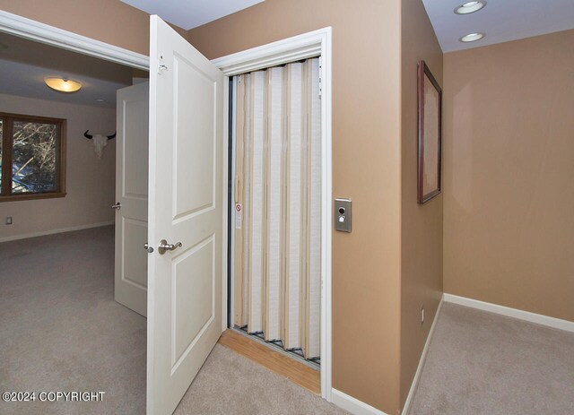 hallway featuring light carpet