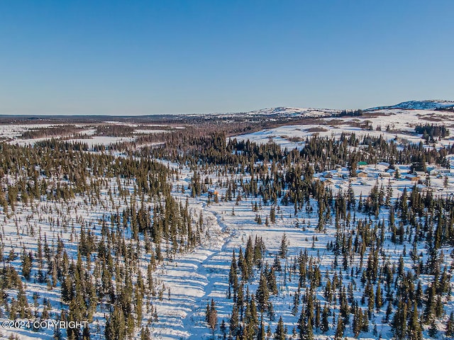 snowy aerial view with a mountain view