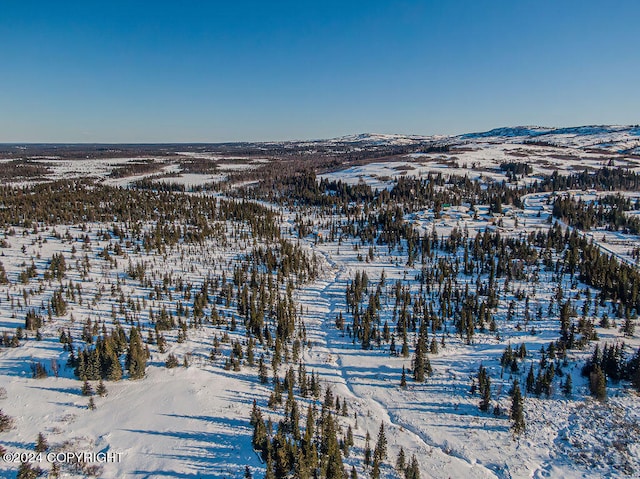 snowy aerial view with a mountain view