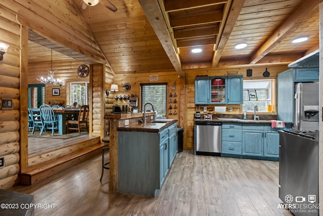 kitchen with log walls, wood ceiling, appliances with stainless steel finishes, lofted ceiling, and light wood-type flooring