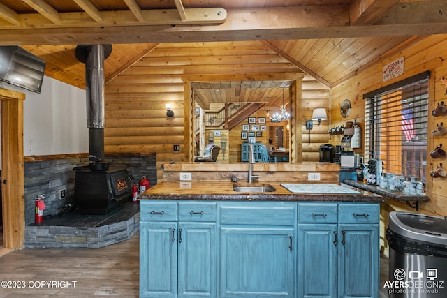 kitchen featuring blue cabinetry, vaulted ceiling with beams, log walls, and wooden ceiling