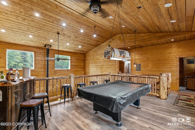 playroom featuring wood walls, light hardwood / wood-style flooring, pool table, ceiling fan, and wood ceiling