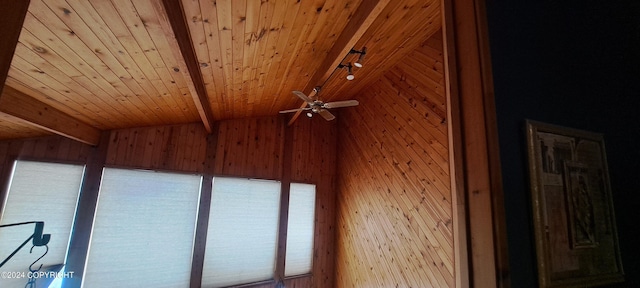 9450 Keshon Cir, Wasilla, AK 99654 - detailed view of wood ceiling with exposed beams, wooden walls, track lighting, and a ceiling fan