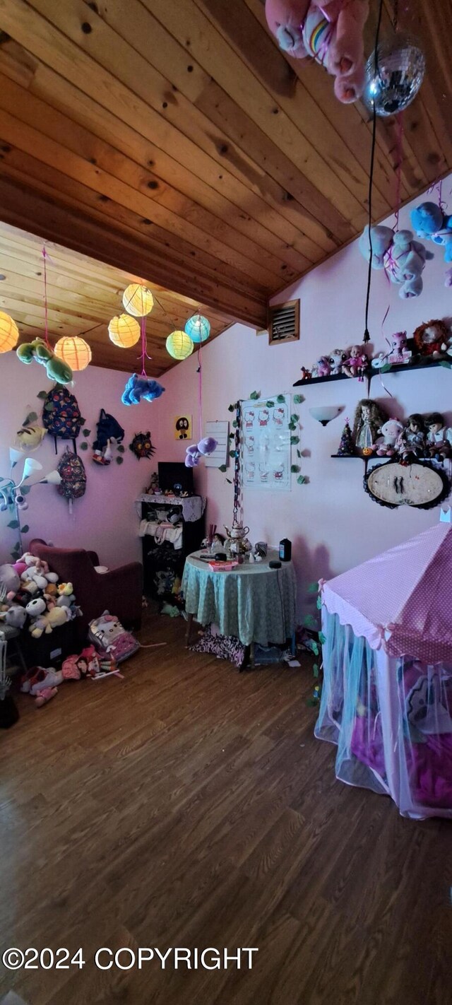 9450 Keshon Cir, Wasilla, AK 99654 - playroom with wood finished floors, wood ceiling, and lofted ceiling