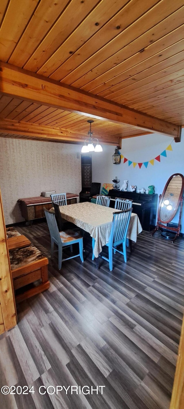 9450 Keshon Cir, Wasilla, AK 99654 - dining space featuring wallpapered walls, wood finished floors, and wooden ceiling with exposed beams
