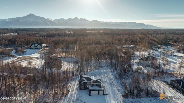 snowy aerial view with a mountain view