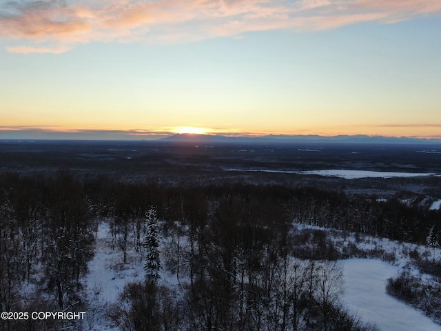 snowy aerial view with a mountain view