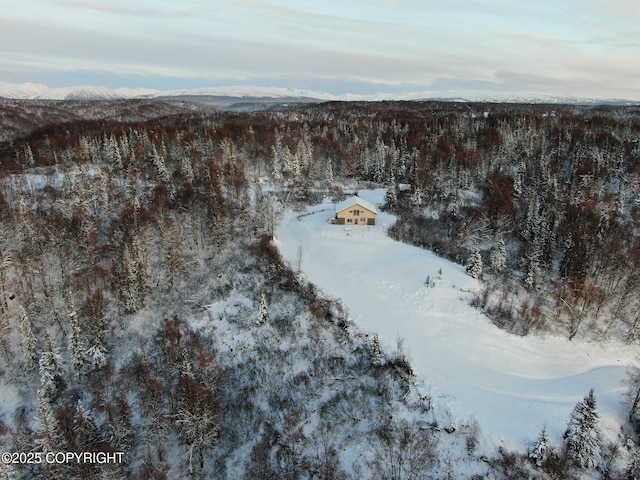 snowy aerial view with a mountain view and a view of trees