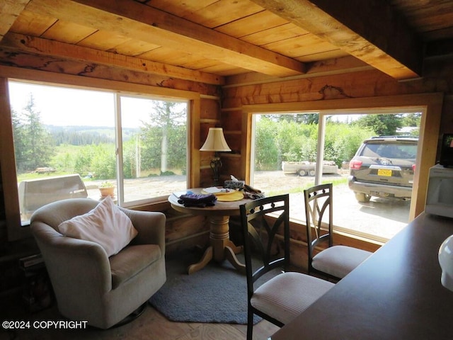 interior space featuring wooden ceiling and beamed ceiling