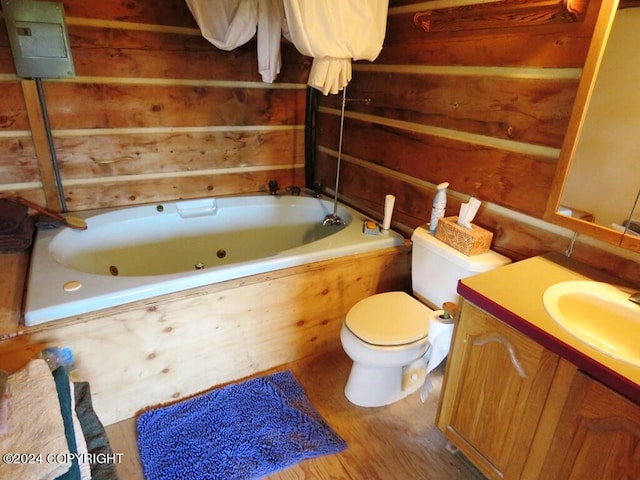 full bath with a jetted tub, wood walls, toilet, and vanity