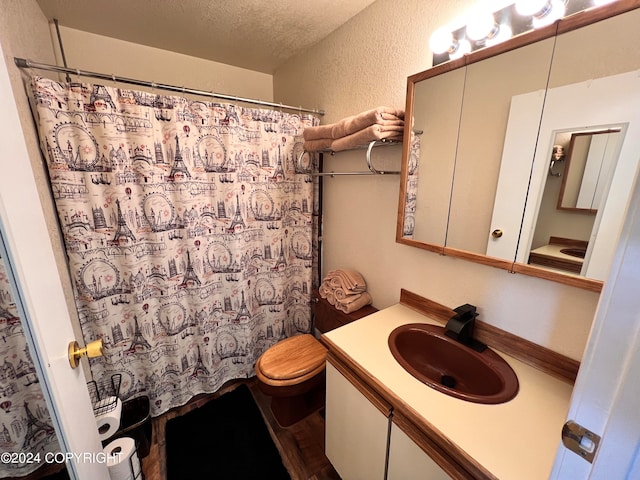 bathroom with vanity, a textured ceiling, and toilet