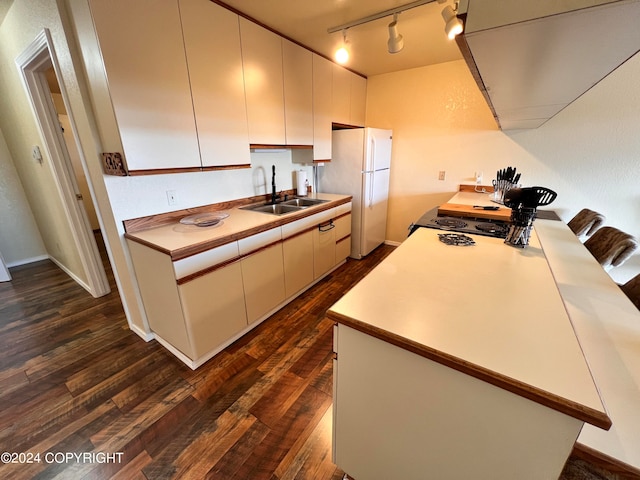 kitchen with rail lighting, hardwood / wood-style flooring, white refrigerator, stove, and sink