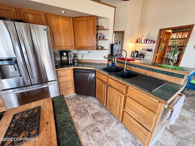 kitchen with black dishwasher, light tile patterned floors, stainless steel refrigerator with ice dispenser, and kitchen peninsula