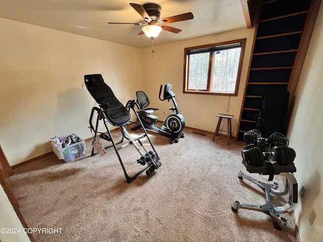 exercise area featuring carpet floors and ceiling fan