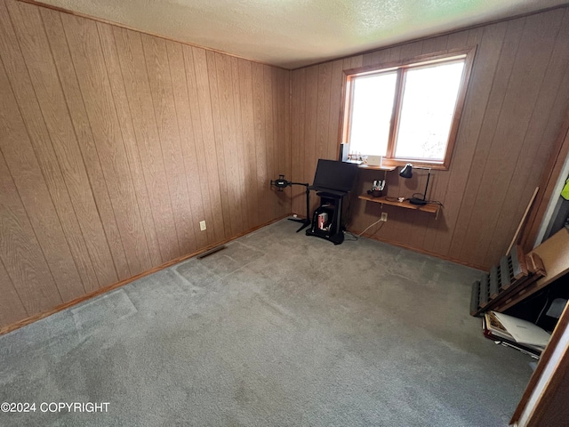 carpeted office space with wooden walls and a textured ceiling