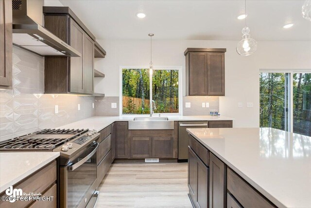 kitchen with appliances with stainless steel finishes, sink, wall chimney range hood, and a wealth of natural light