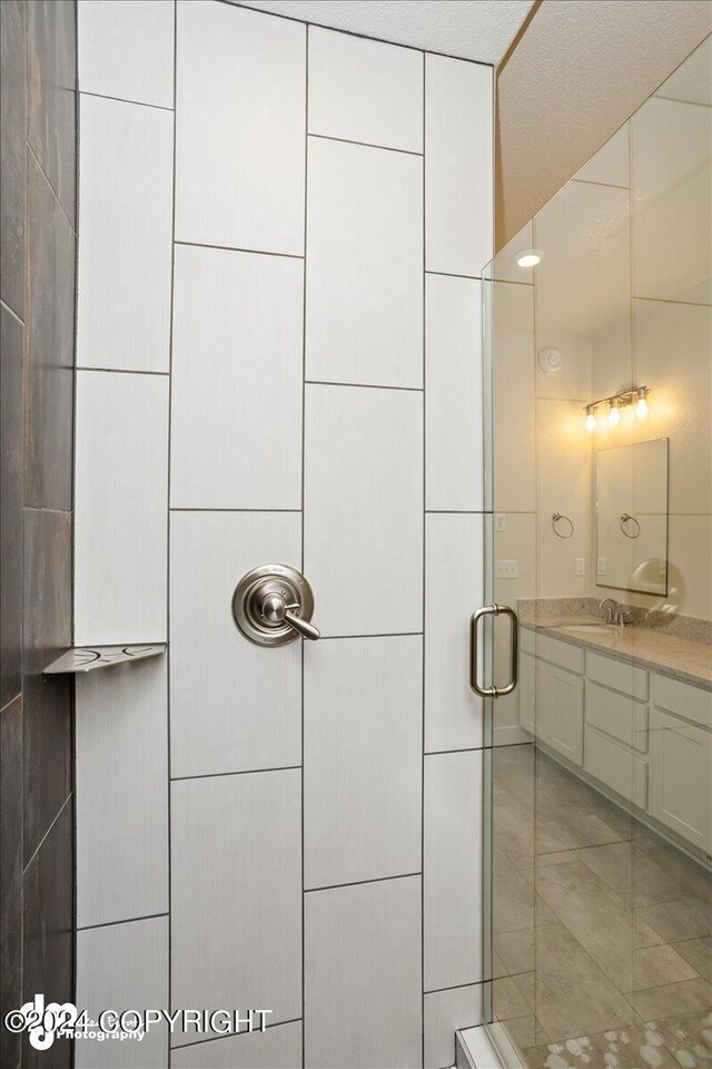 bathroom with vanity and a shower with shower door