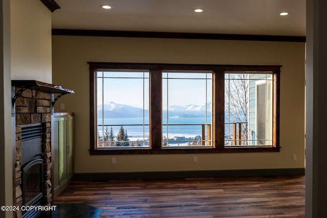 interior space featuring a fireplace, dark hardwood / wood-style floors, crown molding, and a mountain view