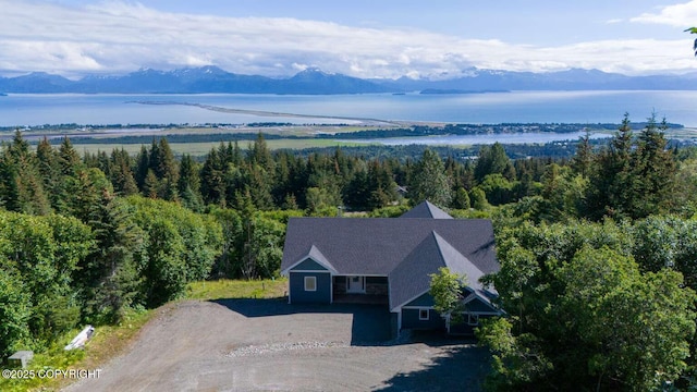 bird's eye view featuring a water and mountain view