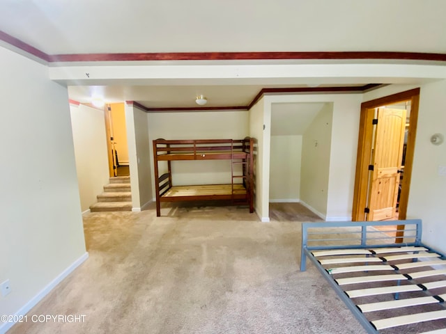 interior space featuring crown molding and carpet flooring