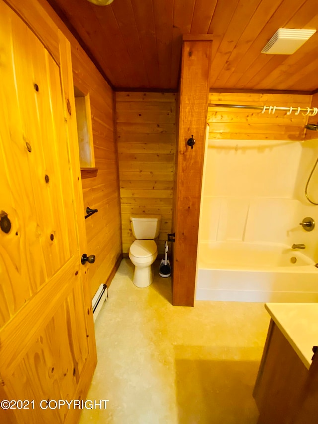 full bathroom featuring wood walls, toilet, wooden ceiling, shower / bathtub combination, and vanity