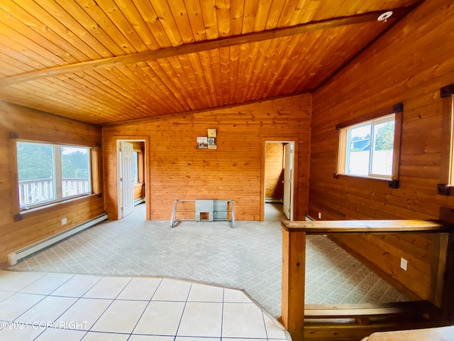 interior space with wooden ceiling, a baseboard radiator, carpet, and wood walls