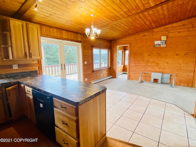 kitchen featuring decorative light fixtures, wood walls, a baseboard heating unit, black dishwasher, and wood ceiling