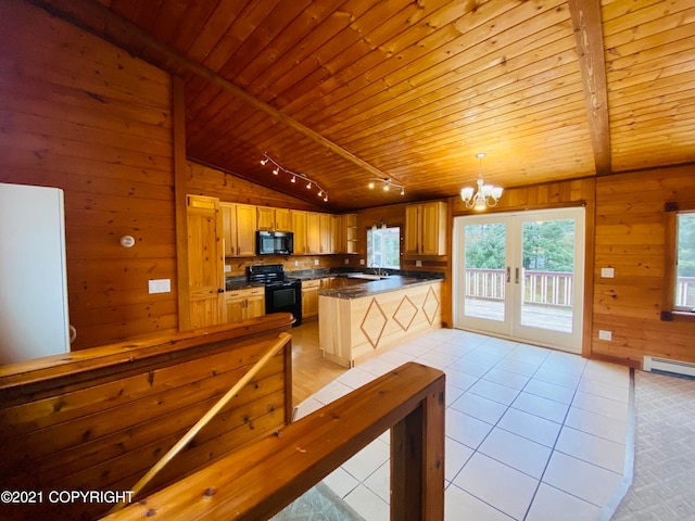 kitchen featuring hanging light fixtures, light tile flooring, black appliances, and wooden ceiling