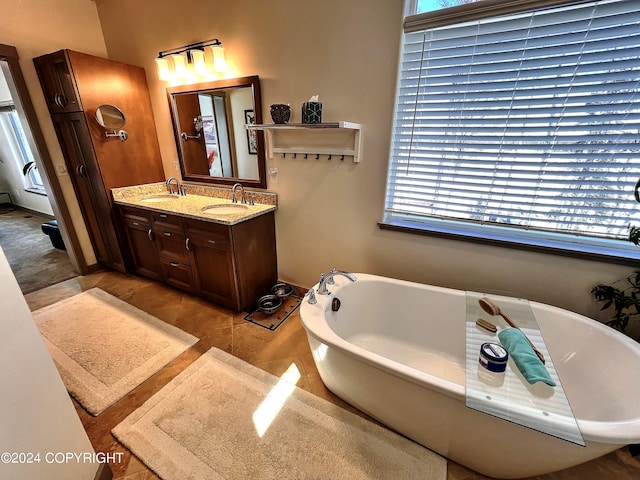 bathroom with a tub and dual bowl vanity