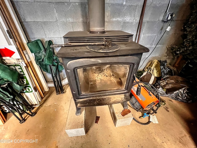 interior space featuring a wood stove