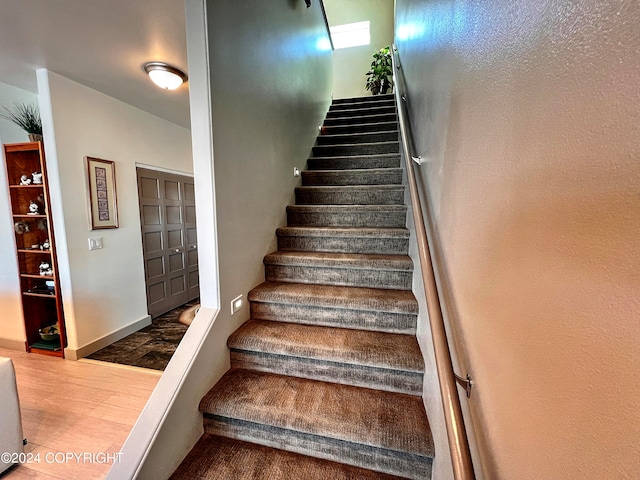 staircase with dark hardwood / wood-style flooring