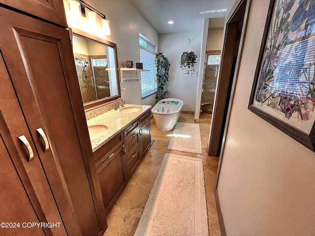 bathroom with tile flooring and dual vanity