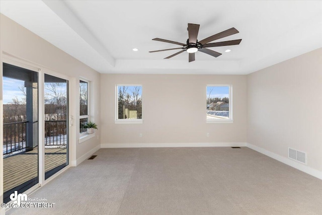 carpeted empty room with a raised ceiling, plenty of natural light, and ceiling fan