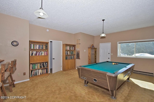 playroom with light carpet, a textured ceiling, a baseboard heating unit, and pool table