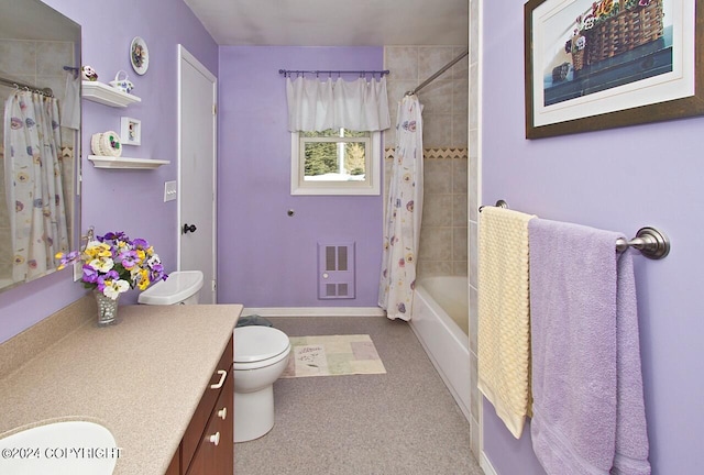 full bathroom with vanity, toilet, and shower / bathtub combination with curtain