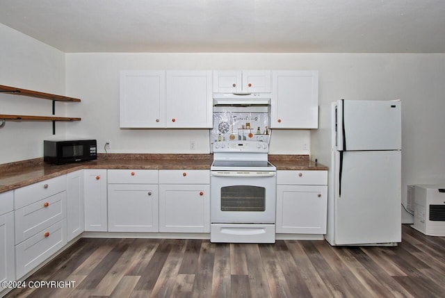 kitchen featuring white cabinets, dark hardwood / wood-style floors, and white appliances