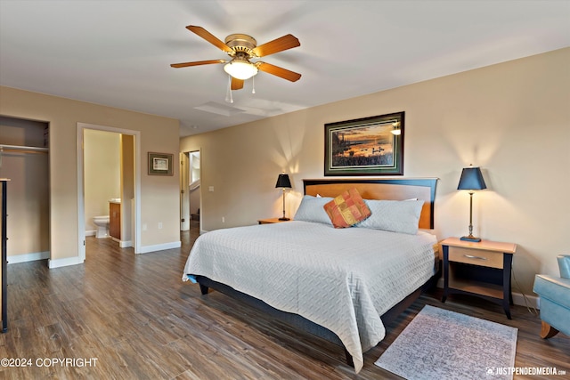 bedroom with a closet, ensuite bathroom, hardwood / wood-style floors, and ceiling fan