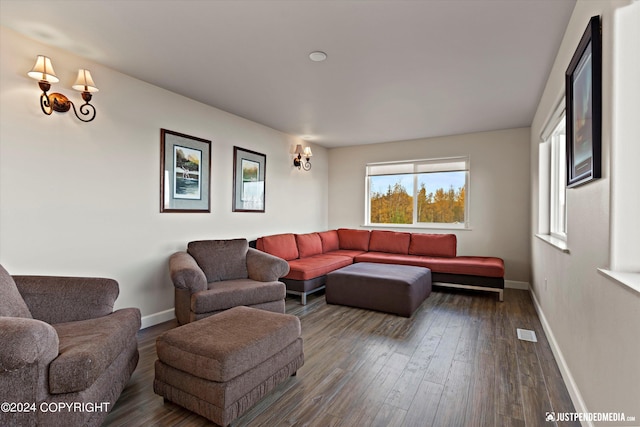 living room with dark hardwood / wood-style flooring